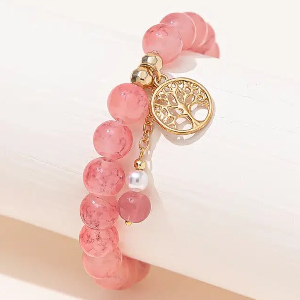 Pink Tree Charm Beaded Bracelet